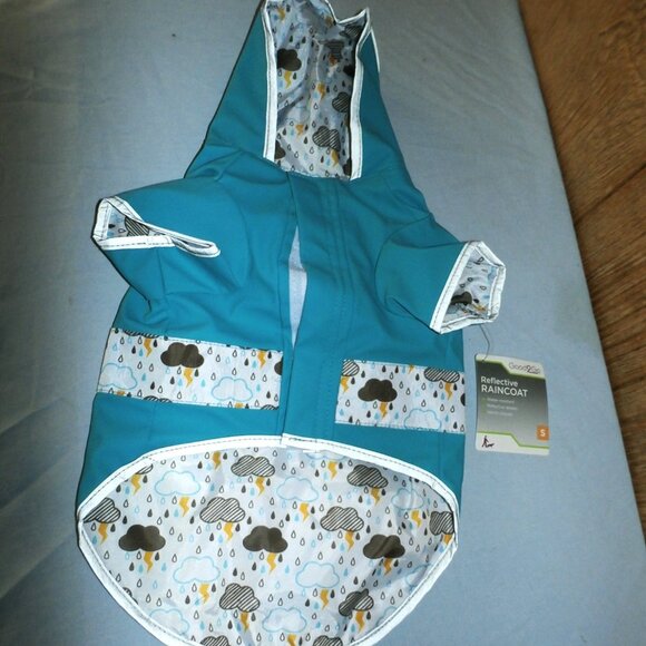 Good2Go DOG REFLECTIVE RAINCOAT REVERSIBLE Blue w Rain Clouds -Xtra Small  NWT - Picture 2 of 9